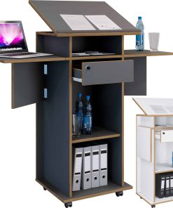 VCM Holz mobiles Rednerpult   Maße ca. H. 107 bis 128 cm x B. 60 bis 123 cm x T. 44 cm   rollbar mit Schublade   Stehpult   Stehtisch - Salia