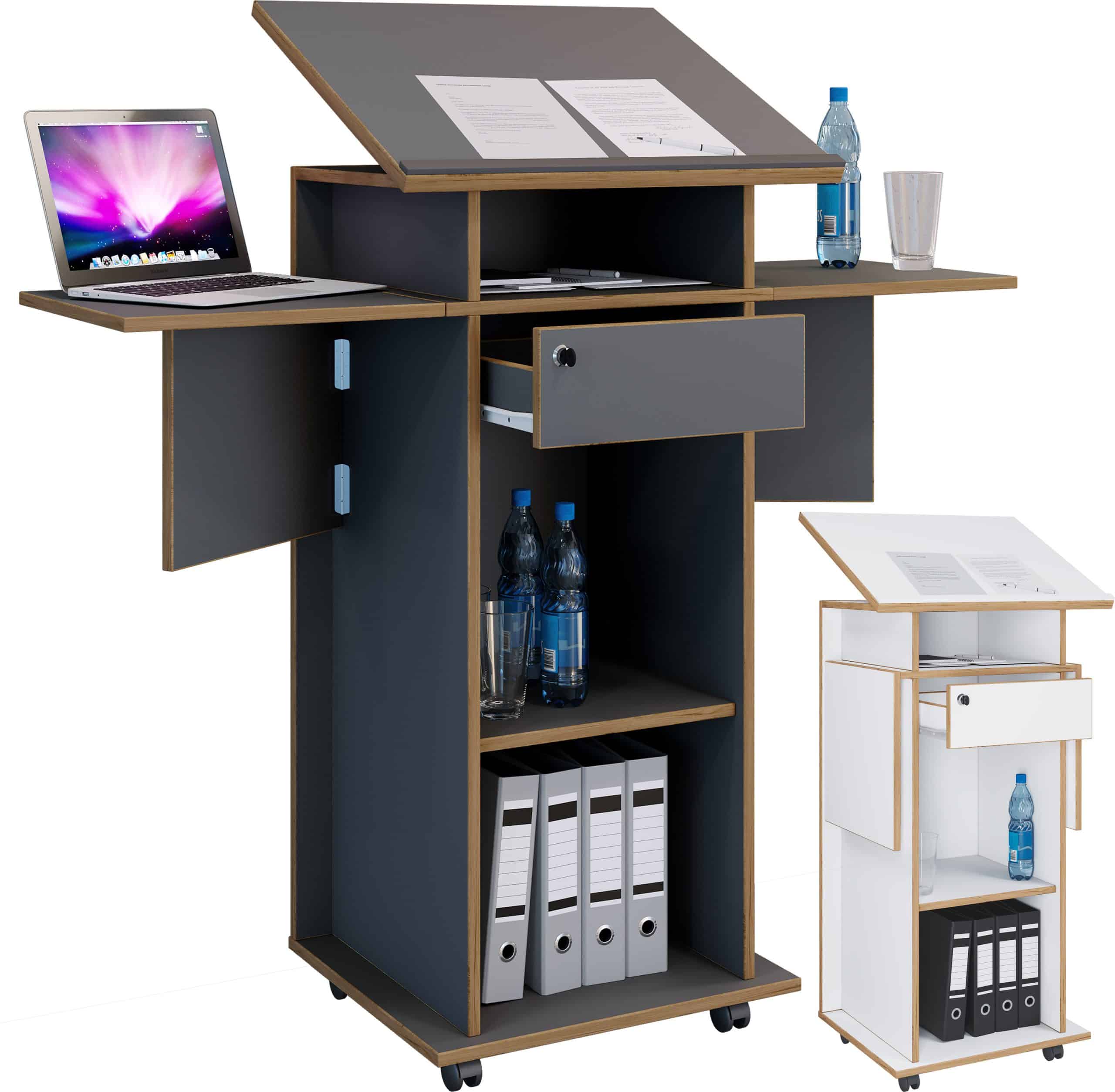 VCM Holz mobiles Rednerpult   Maße ca. H. 107 bis 128 cm x B. 60 bis 123 cm x T. 44 cm   rollbar mit Schublade   Stehpult   Stehtisch - Salia