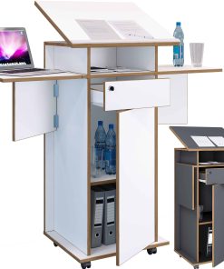 VCM Holz mobiles Rednerpult   Maße ca. H. 107 bis 128 cm x B. 60 bis 123 cm x T. 44 cm   rollbar mit Schublade   Stehpult   Stehtisch mit Tür - Salia