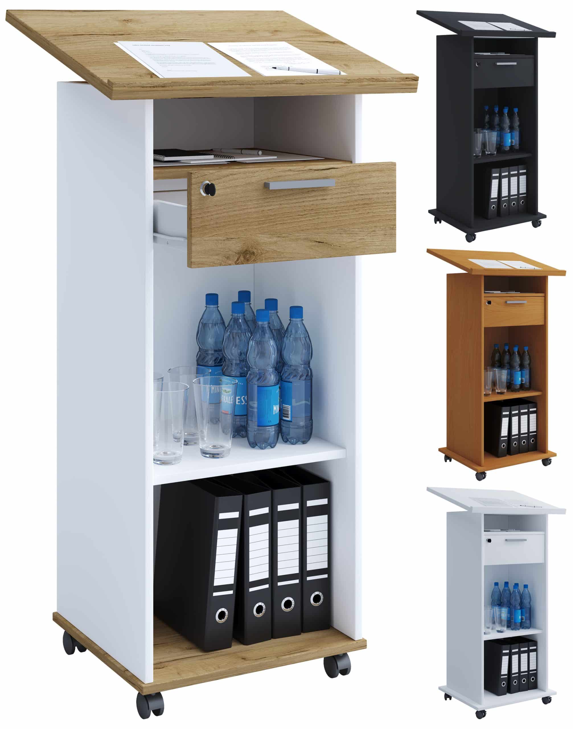 VCM Holz mobiles Rednerpult   Maße ca. H. 108 bis 120 cm x B. 60 cm x T. 50 cm   Stehpult mit Rollen  rollbar mit Schublade   Stehtisch - Melta