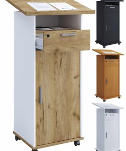 VCM Holz mobiles Rednerpult   Maße ca. H. 109 bis 120 cm x B. 60 cm x T. 50 cm   Stehpult mit Rollen   rollbar mit Schublade   Stehtisch mit Drehtür - Melta