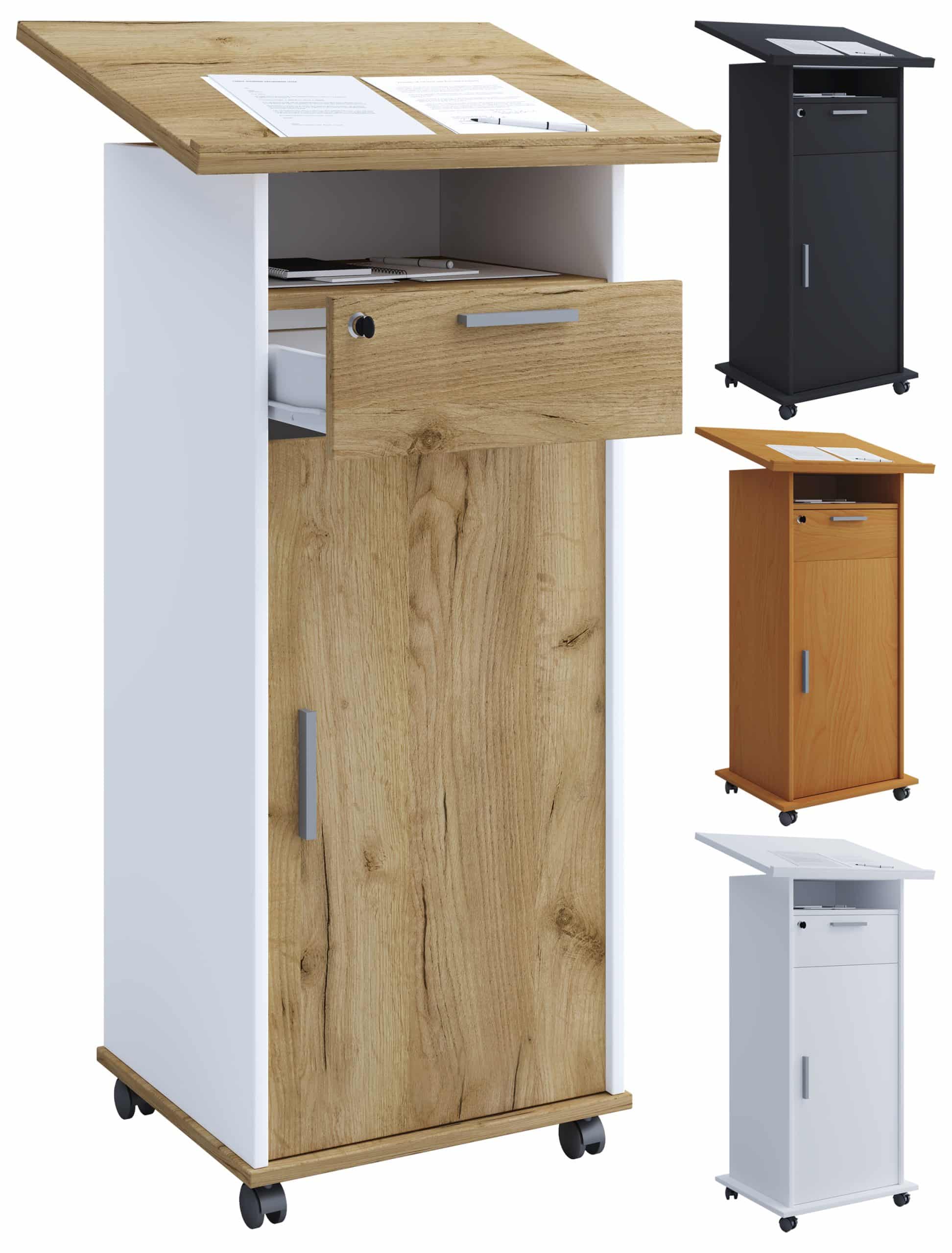 VCM Holz mobiles Rednerpult   Maße ca. H. 109 bis 120 cm x B. 60 cm x T. 50 cm   Stehpult mit Rollen   rollbar mit Schublade   Stehtisch mit Drehtür - Melta