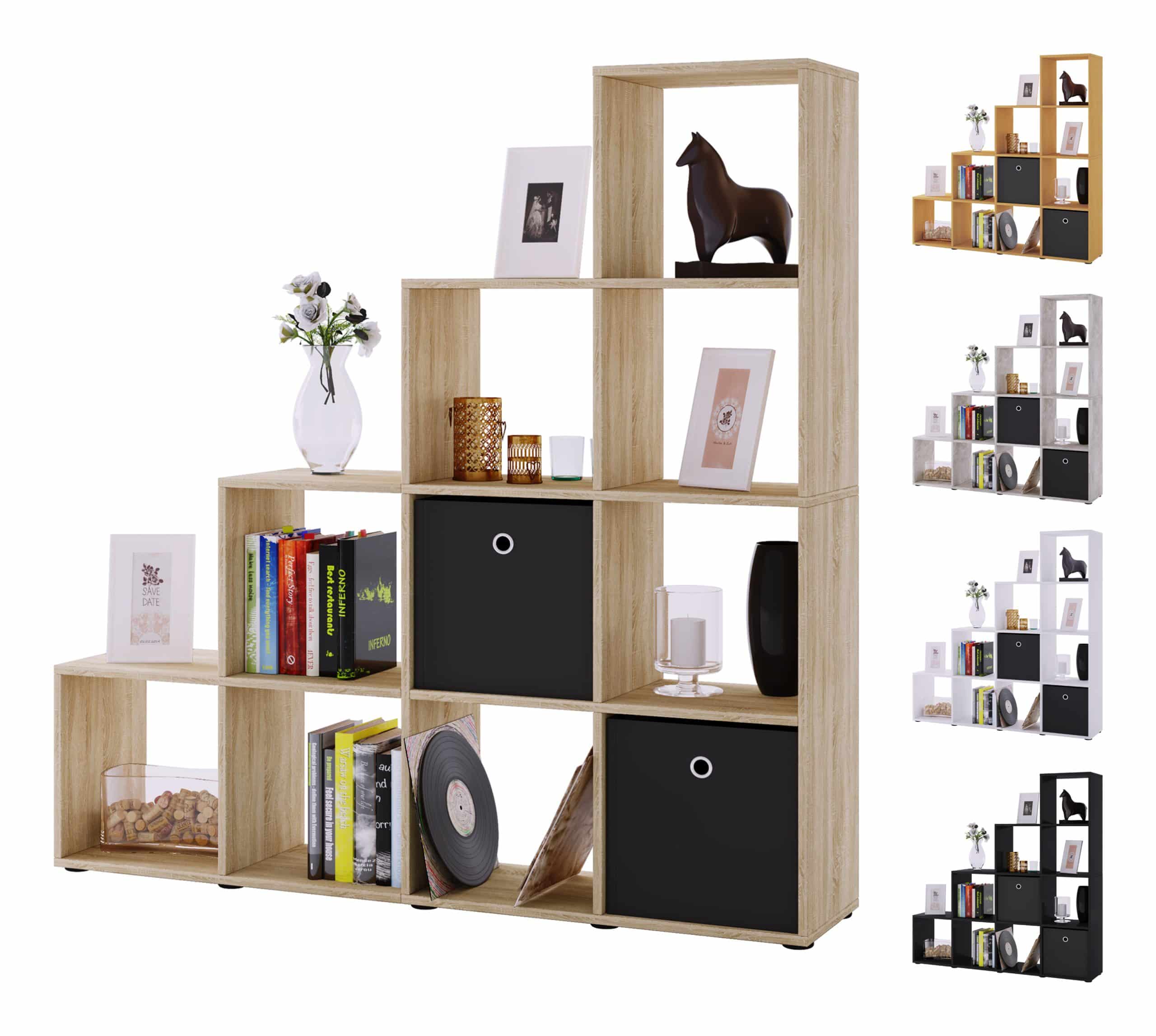 VCM Holzregal stehend   platzsparendes Regal   Maße:  H. 139 x B. 143 x T. 29 cm   Elegantes Regal stehend   Aufbewahrungsregal   Bücherregal    Treppenregal - Napoli