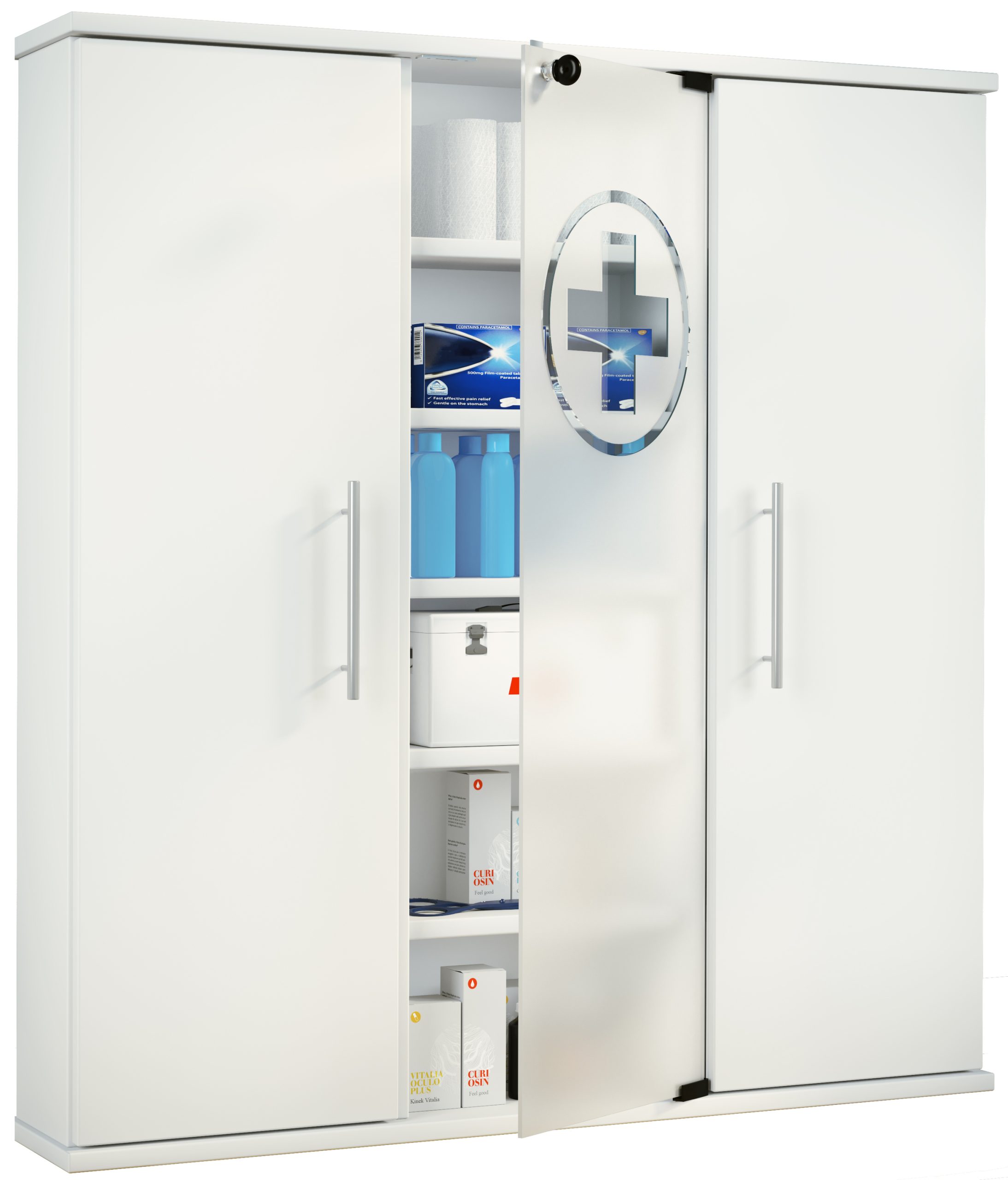 VCM Medizinschrank   Maße ca. 92 x B. 88 x T. 18 cm   Apothekerschrank abschließbar mit drei Drehtüren   stehend   Arzneischrank - Santila