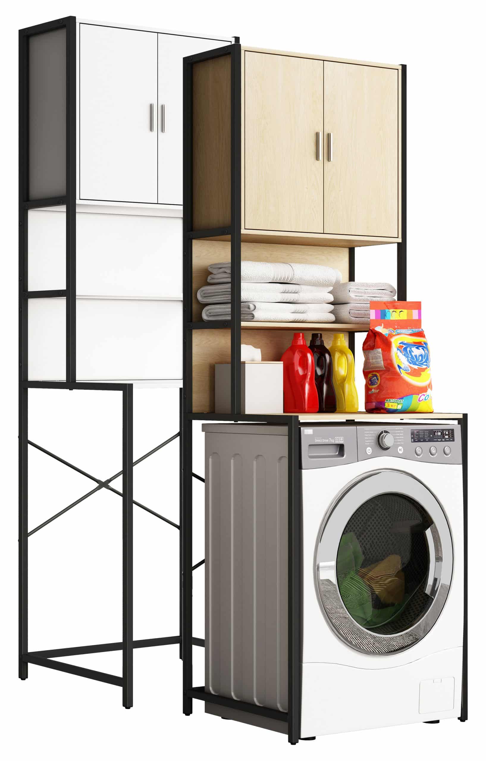 VCM Metall Überbauschrank   Waschmaschine   Maße: . 189 x B. 64 x T. 48 cm   Seitenteile aus Metall    Korpus und Rückwand aus Holz   1 große und 2 kleine Ablagen   2 Drehtüren - Edino