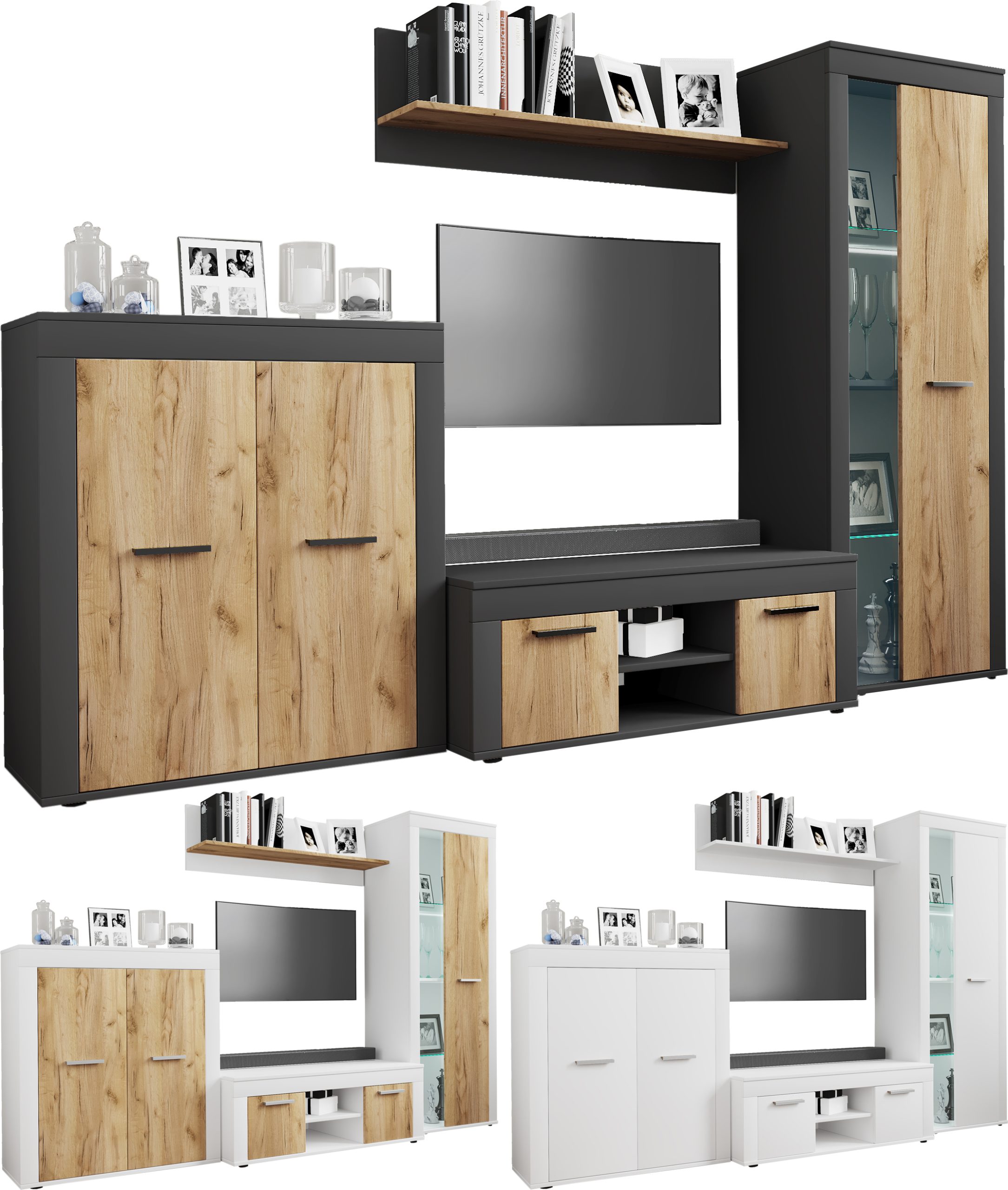 VCM TV Möbel   4-tlg. Wohnwand mit ausreichend Stauraum   Fernsehschrank   Anbauwand – Usilo L