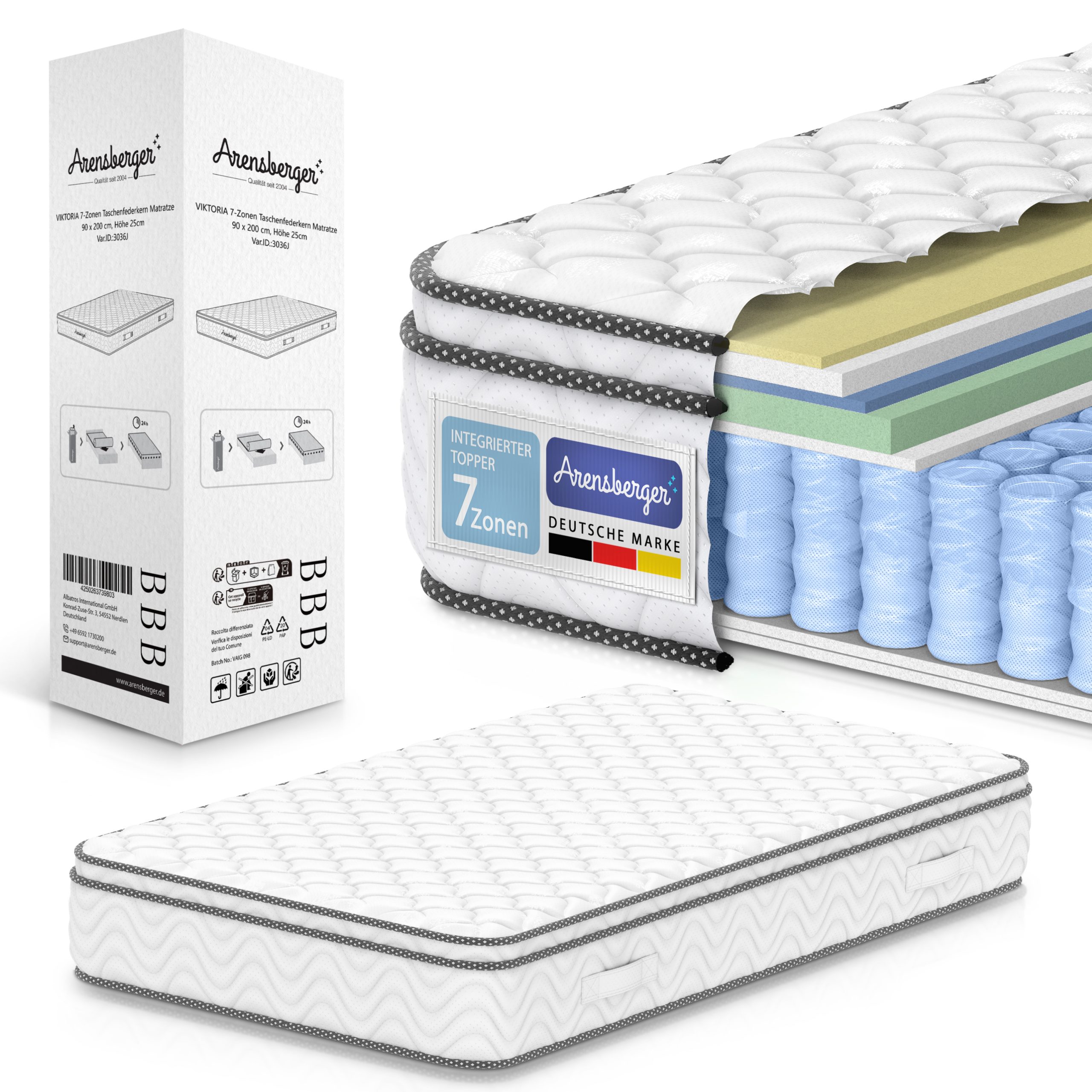 VIKTORIA Taschen Federkernmatratze 120x200 cm - Integrierter Topper; 25cm Höhe; H4