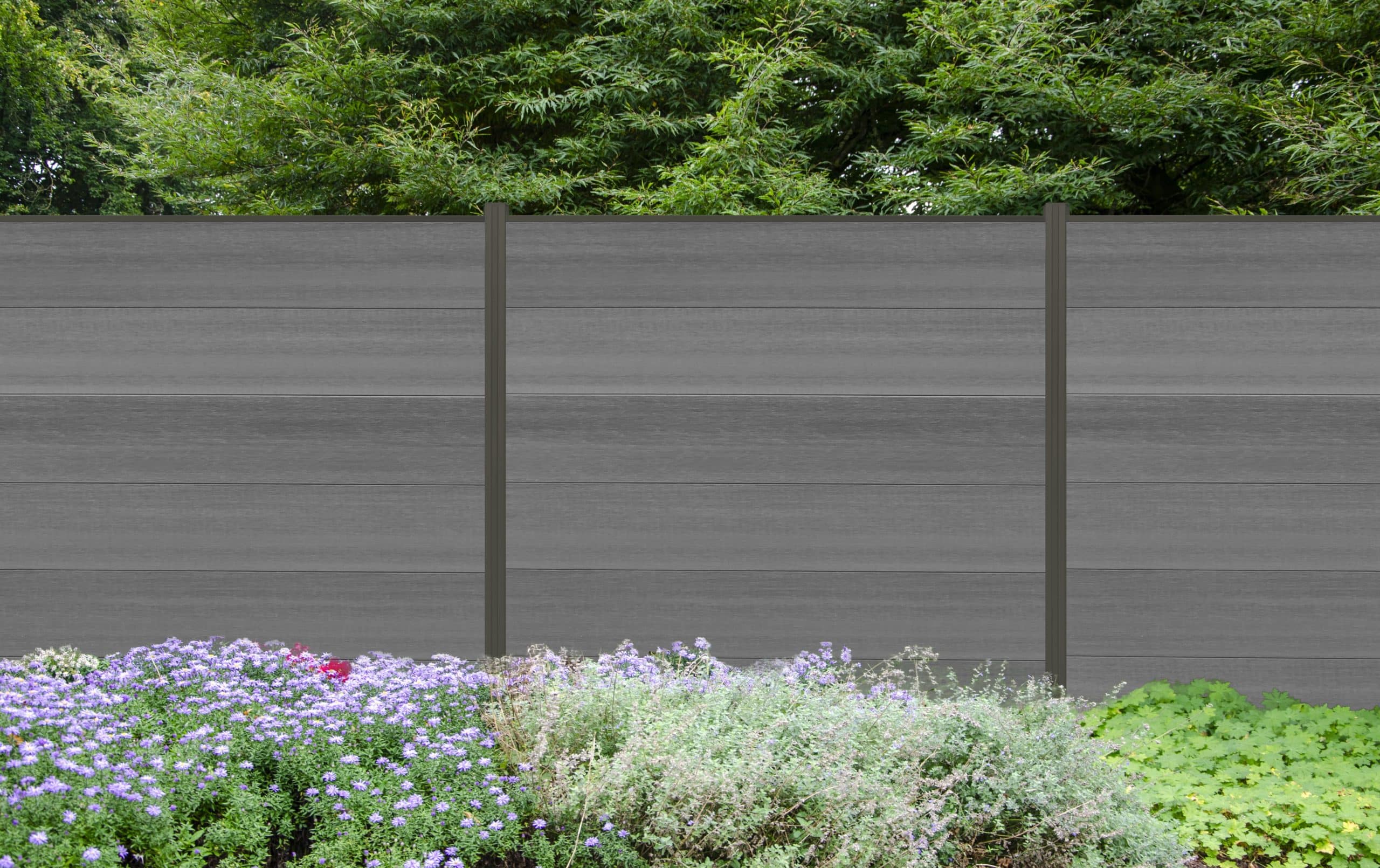 WPC Sichtschutzzaun Cora Line 5 x Zaunfeld grau und 6 x Alu-Pfosten anthrazit zum Aufschrauben