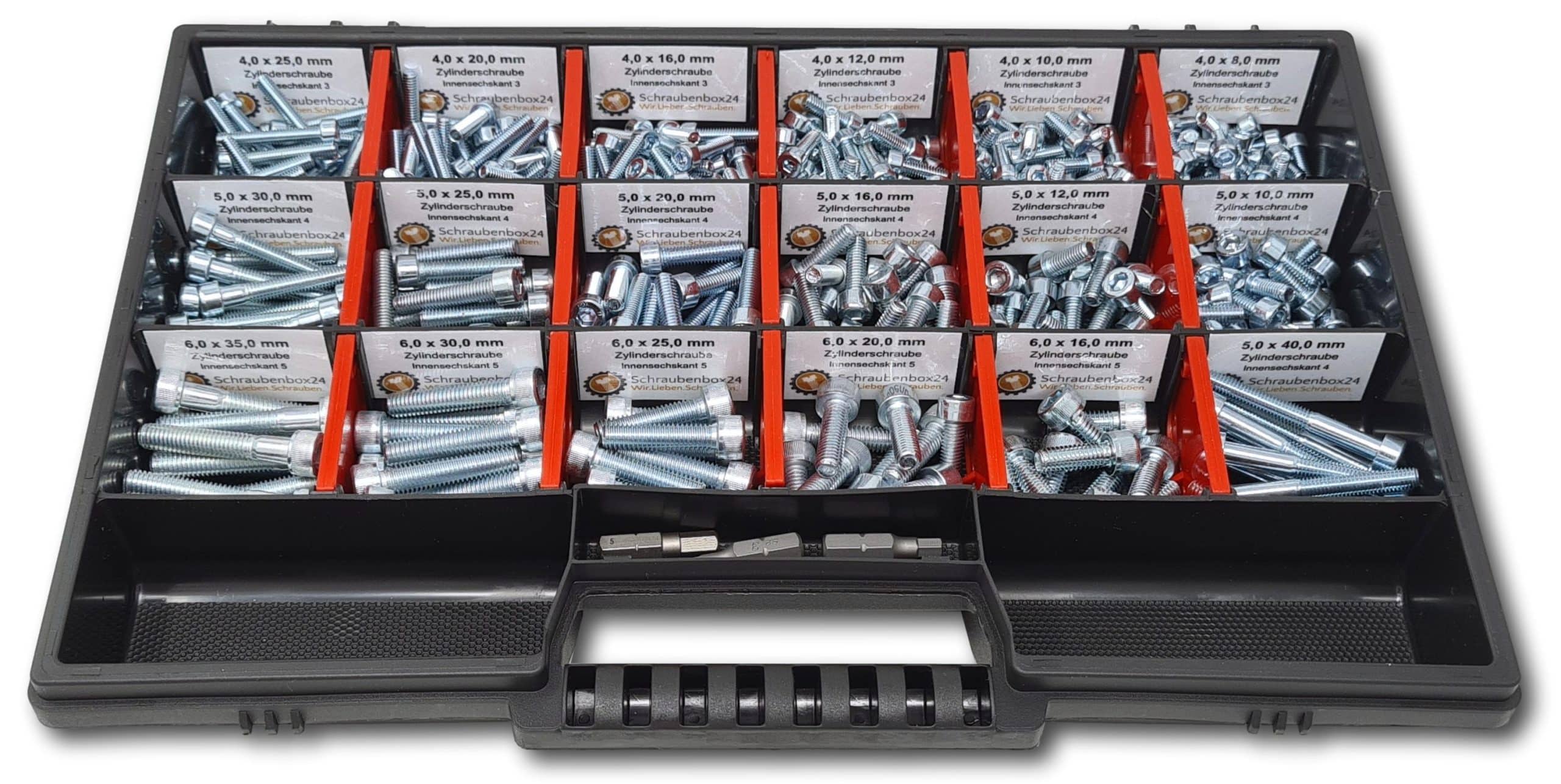 Zylinderkopfschrauben Sortiment M4-M5-M6 // 8mm-40mm 375 tlg. Schraubenbox DIN 912/ISO4762 Bolzen Maschinenschrauben Zylinderkopfschrauben