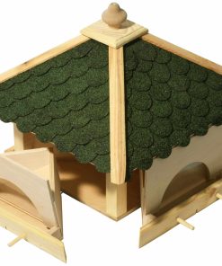dobar Futterhaus mit grünen Bitumenschindeln inkl. Anflugstangen und 4 Futterbehältern